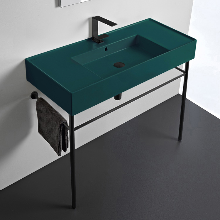Scarabeo 5124-55-CON-BLK Green Console Sink With Matte Black Base, Modern, 40 Inch